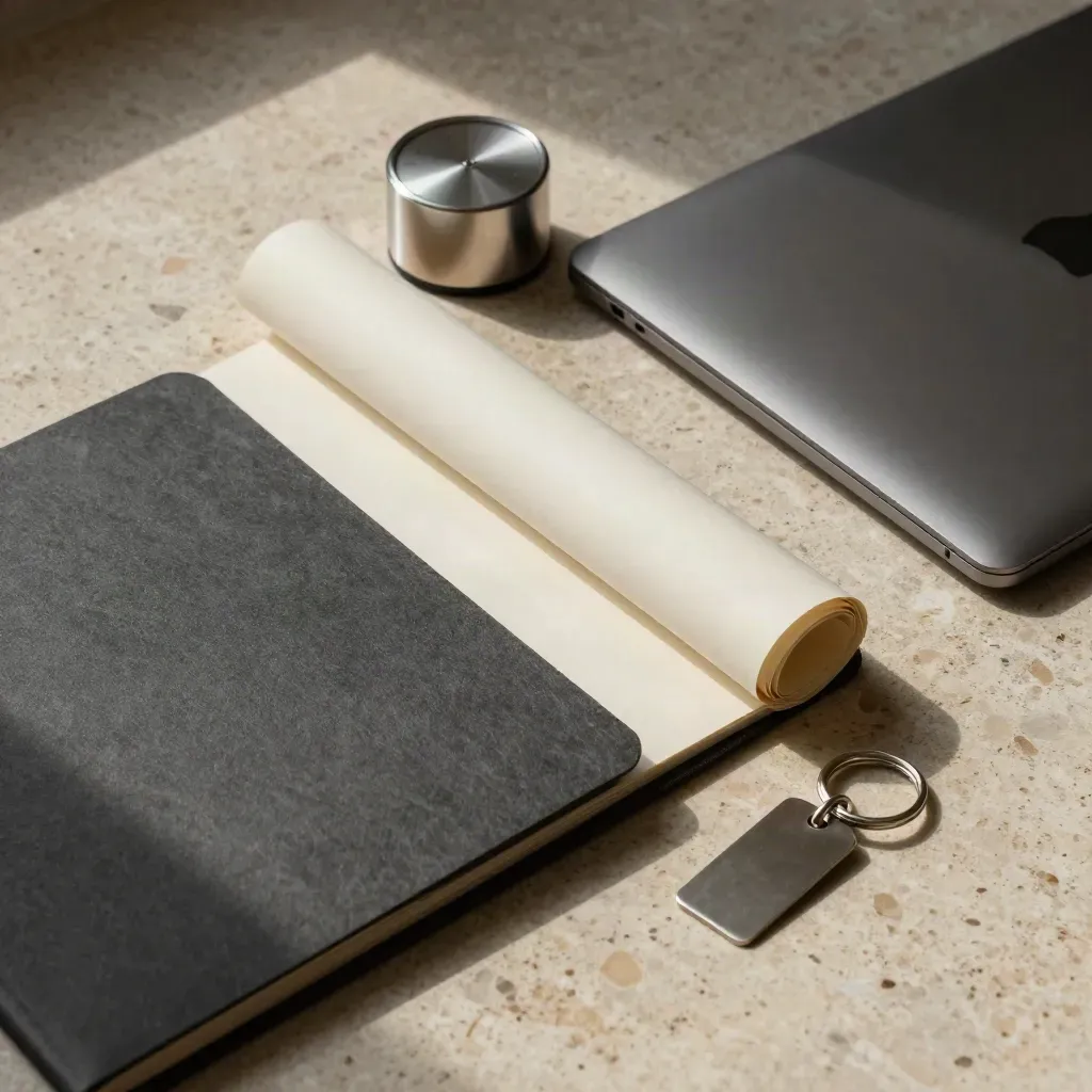 Top-down still life of a folder, timer, laptop and key ring on travertine.