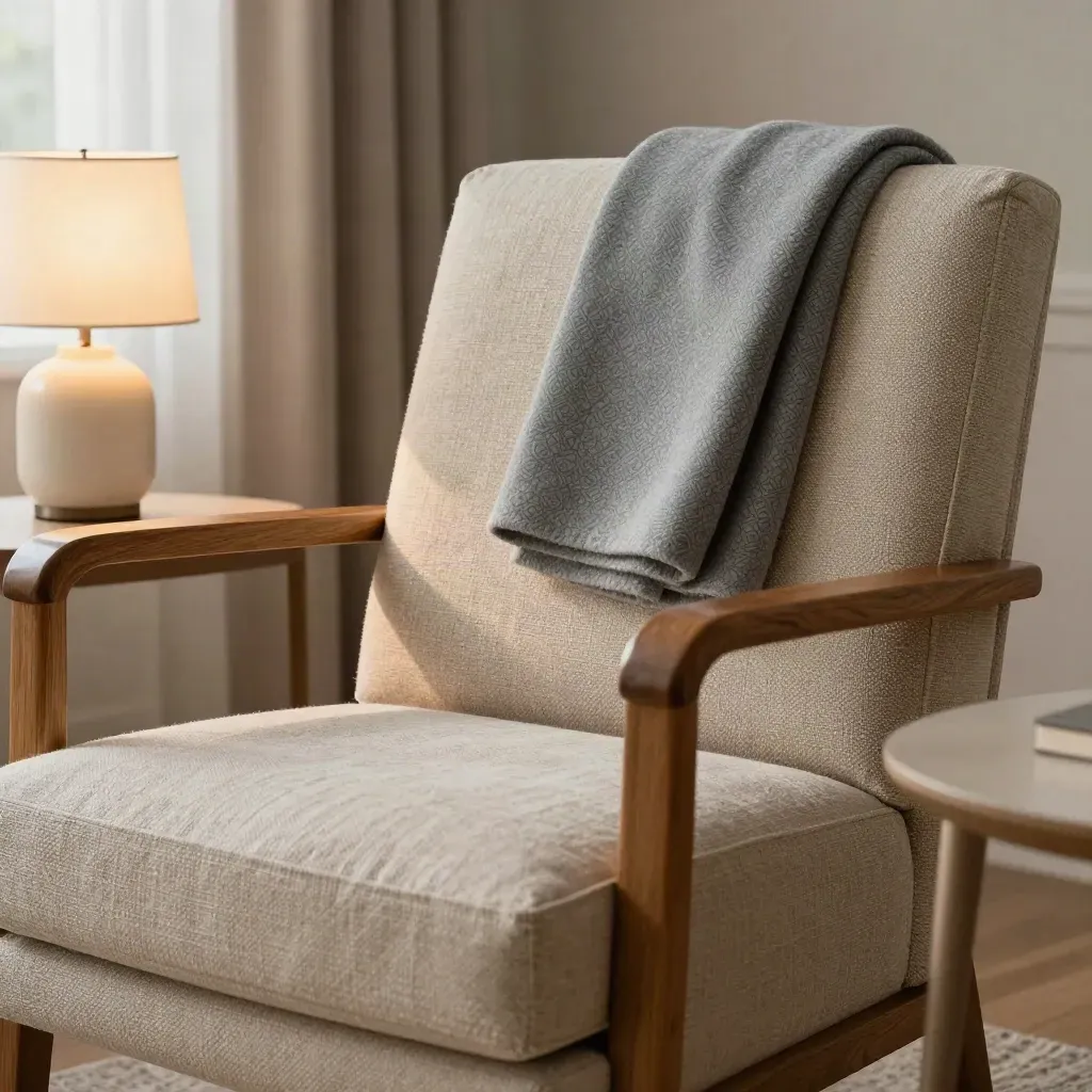 Close-up of a ready care-home dayroom chair, blanket and glowing lamp.