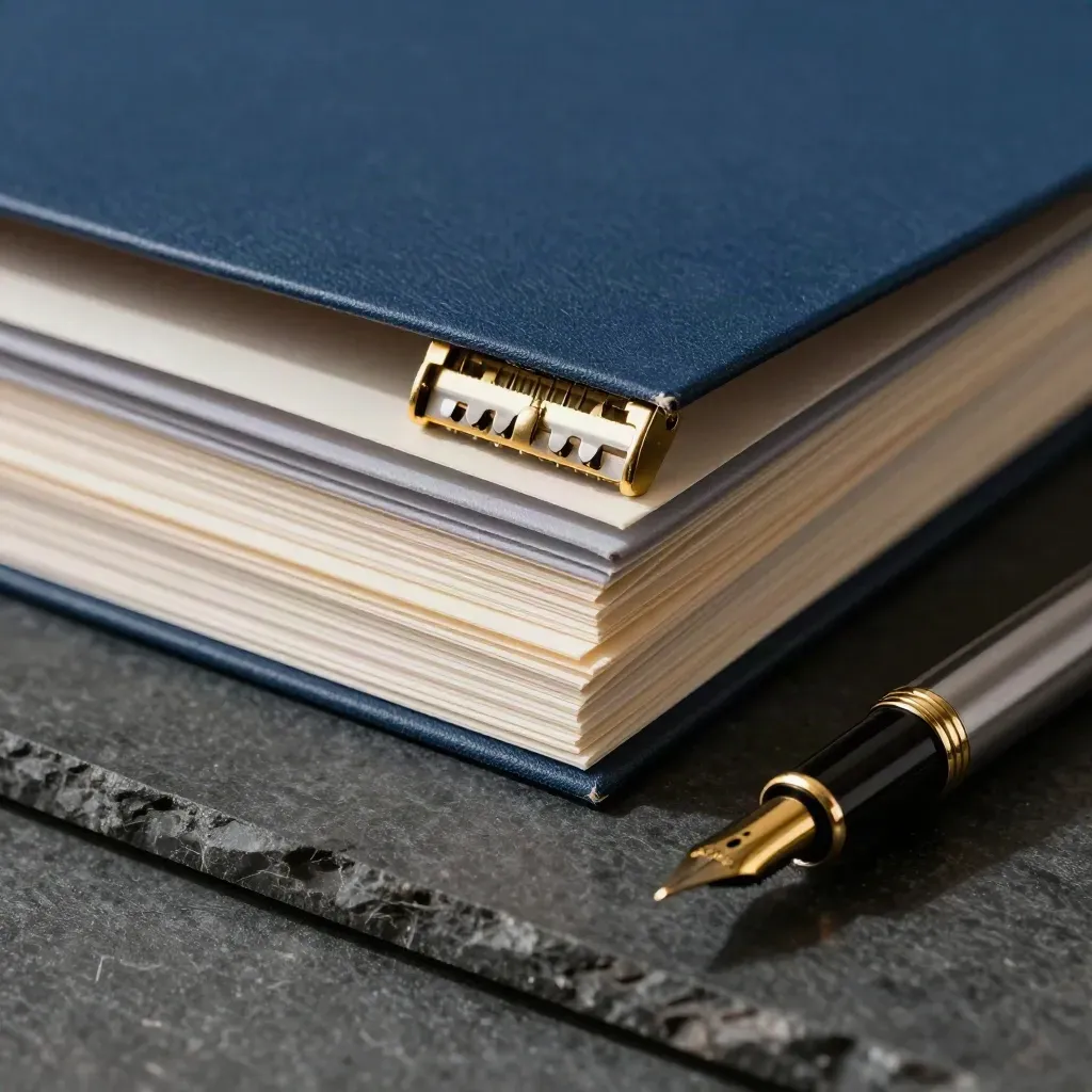 Macro of candidate sleeves, brass clips and a fountain pen on dark stone