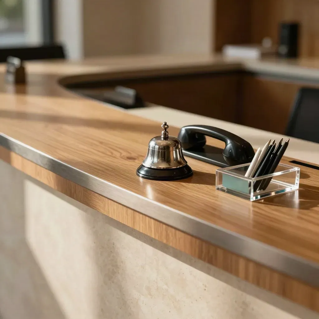 Law-firm reception counter with bell, handset and pen tray ready for temporary cover