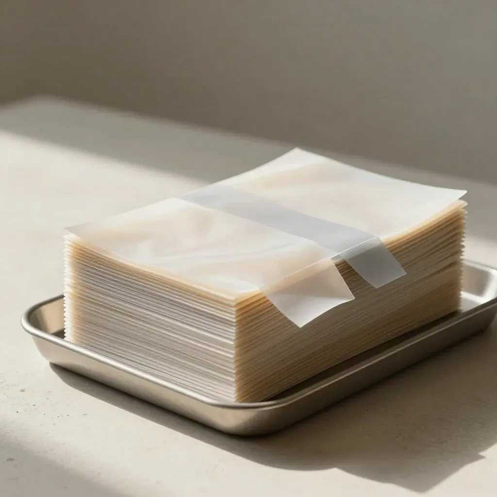 Translucent candidate sleeves in a sorting tray with two tabs on a plaster sweep.