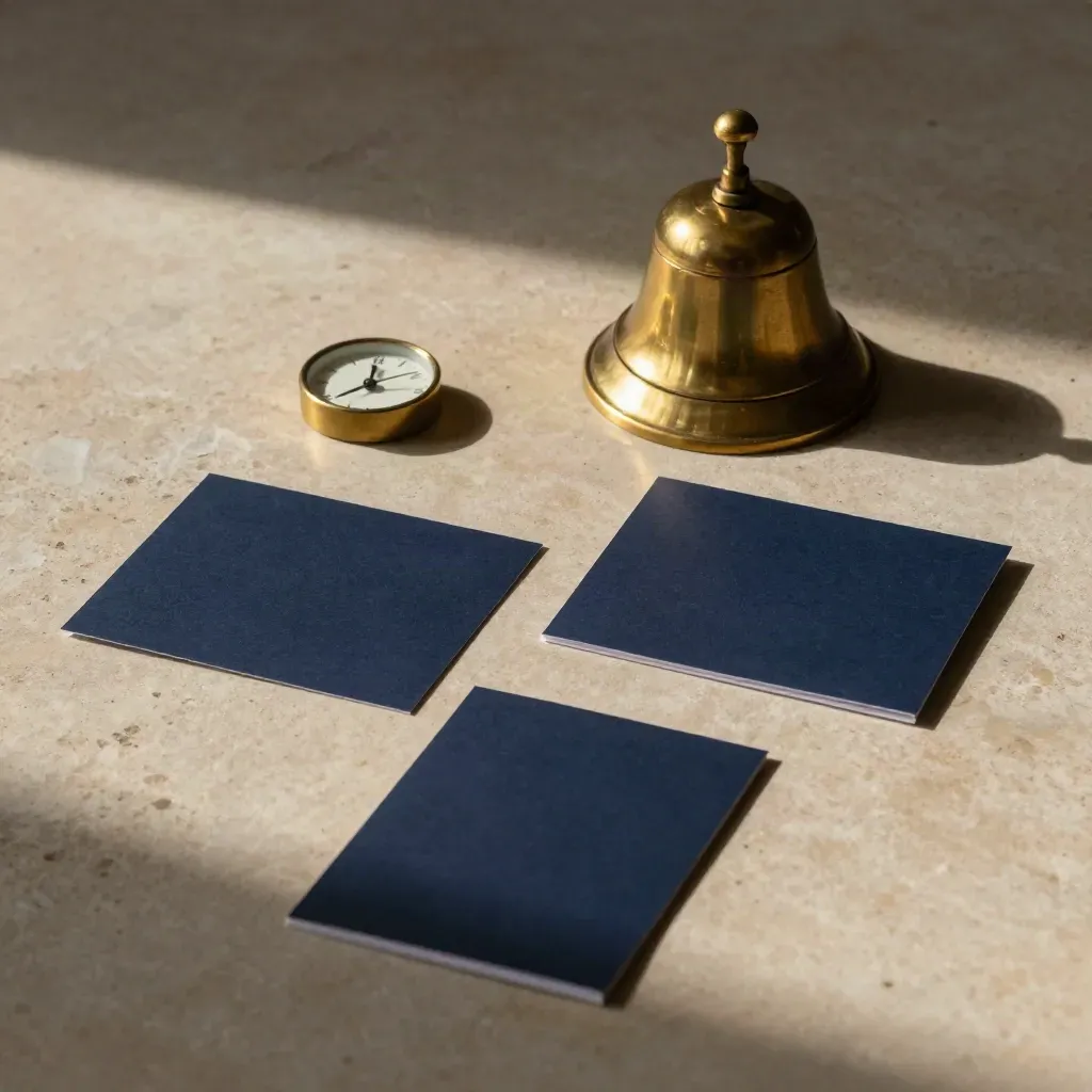Overhead brass bell, face-down appointment cards and small clock on limestone.
