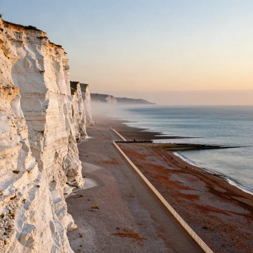 Brighton chalk cliffs above a calm sea at sunset, with mist and copy space below.