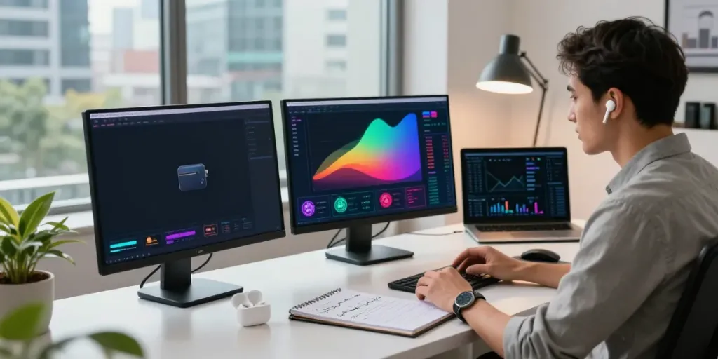 Workspace for cryptocurrency trading with https://piteas.trade displayed on screens, showcasing DeFi analysis.